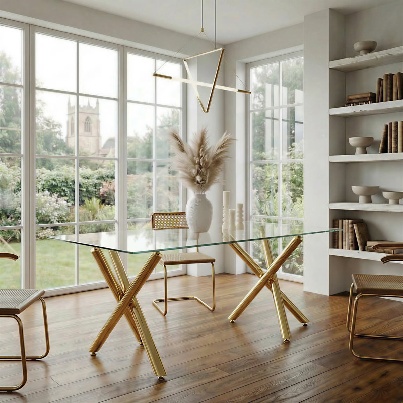 Adella Modern 71" Rectangular Clear Tempered Glass Dining Table with Double X-Shaped Gold Metal Base, Seats 6