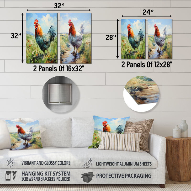 «Farm Rooster Countryside Meadow I», ensemble de 2 coqs en métal, H 32 po x l 32 po