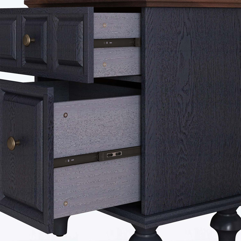 Table de chevet rétro avec 2 tiroirs et pieds à colonnes romaines, Bleu foncé / brun