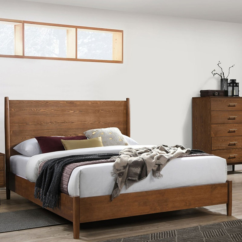Tête de lit à panneau avec cadre de lit en bois massif de style Mid-Century moderne, Double