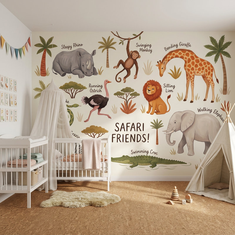 Papier peint safari, décoration murale pour chambre d'enfant amovible, 140 po x 108 po, Textured Non-Pasted