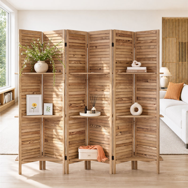 Cloison de séparation en bois à 6 panneaux avec tablettes Genoveva, Naturel