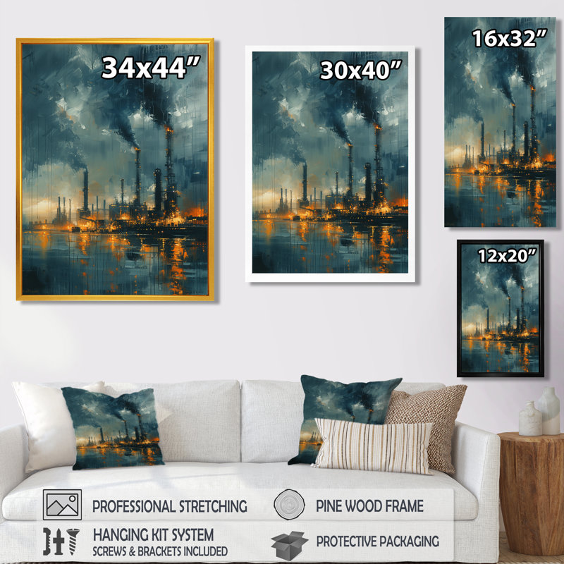 Bleu, bleu, usines, paysage industriel I - usines, décoration murale, Toile encadrée noire simple, H 32 po x l 24 po x P 1 po