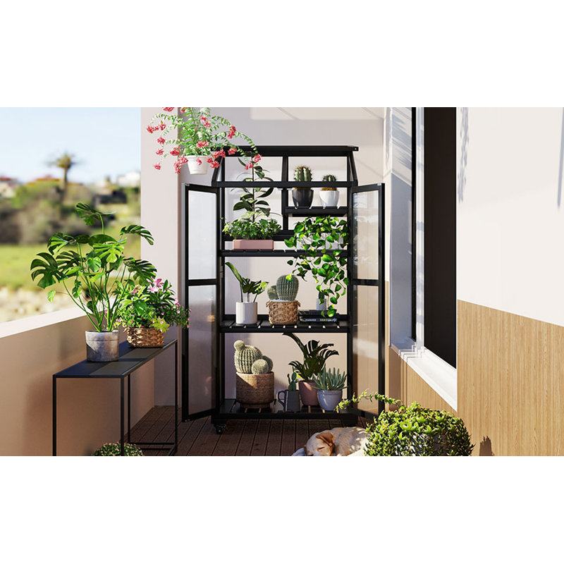 Height Wood Large Greenhouse Balcony Portable Cold Frame With Wheels And Adjustable Shelves, Black