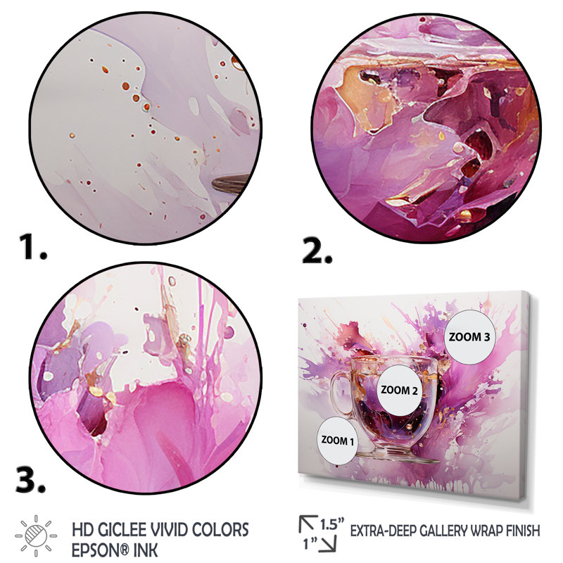 Vibrant mauve éclaboussures de vin - art mural vin, Cadre flottant doré, H 24 po x l 32 po x P 1 po