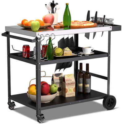 Outdoor Grill Cart, Pizza Oven Stand Table With Wheels Dining Cart For Outside Patio, Movable Kitchen Cooking Prep Table Bbq Cart With Mesh Racks For Home Party, Bar, Camping