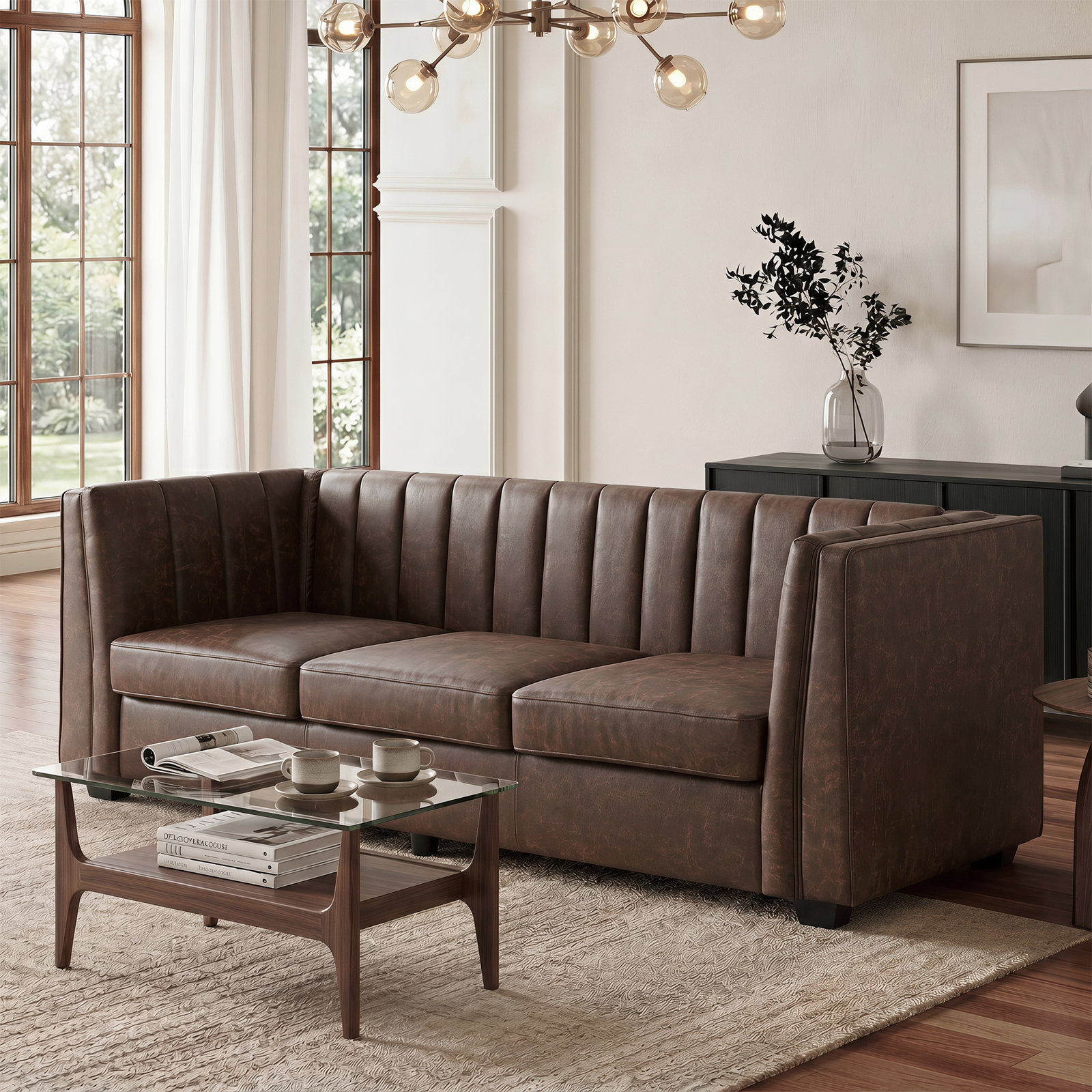 Allard Velvet Living Room Sofa, Mocha Faux Leather