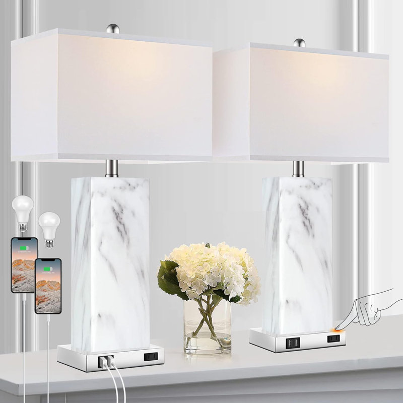 Touch Control Table Lamps Set Of 2, Modern Contemporary Bedside Lamp With 2 USB Ports 1 AC Outlet, 3-Way Dimmable Nightstand Lamp Faux Marble Rectangular Shade For Living Room Bedroom