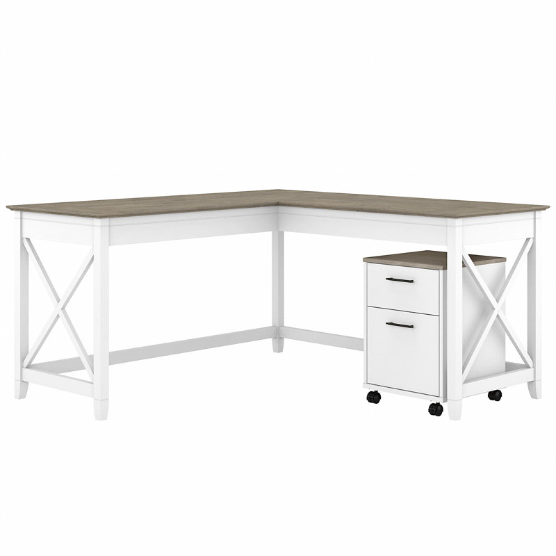 Katia L-Shaped Credenza Desk, Shiplap Gray/Pure White
