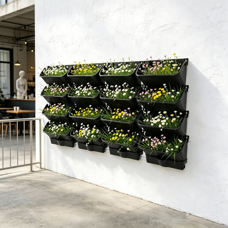 Ensemble de 16 pots de fleurs muraux avec bassin de drainage et tuyau d'évacuation, Noir