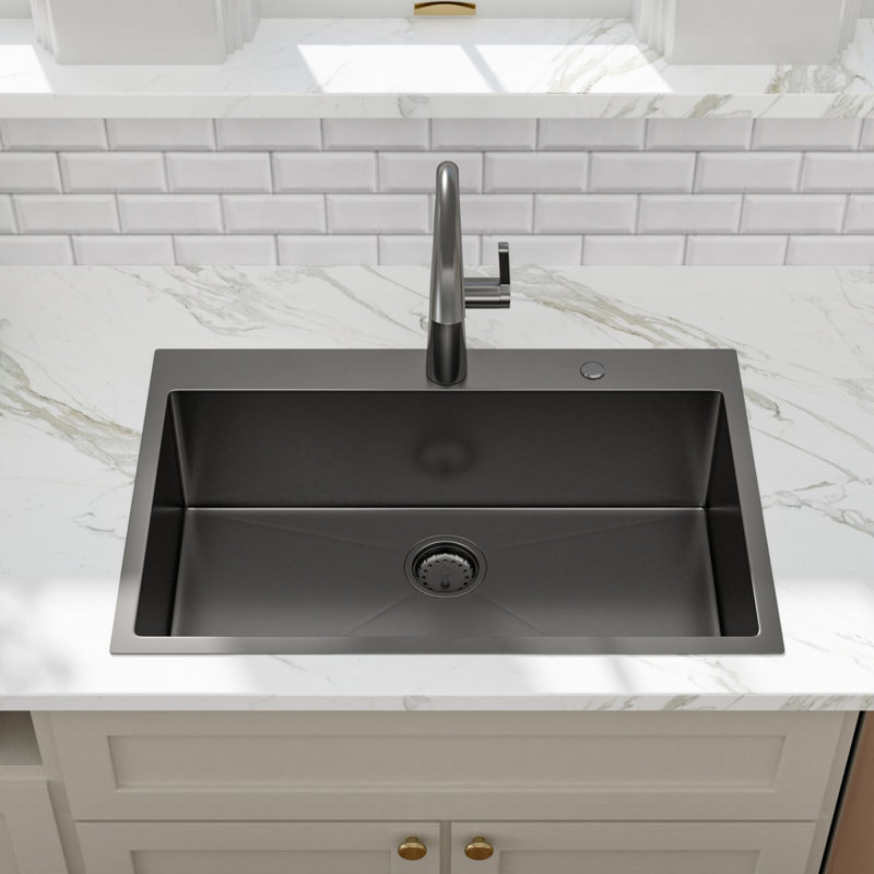 Évier de cuisine encastré en acier inoxydable noir 33 po x l 22 po, lavabo à cuve simple avec grille d'évier, crépine et support à enroulement