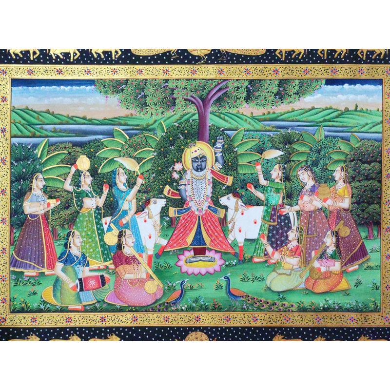 Lord Shrinathji vénéré par Gopis | Art Pichwai | Aquarelle sur coton