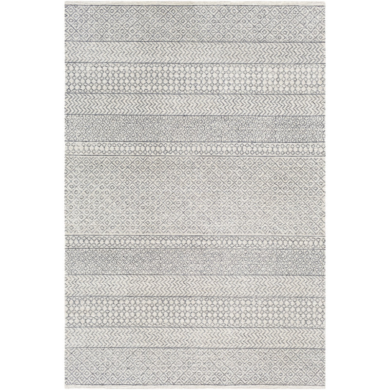 Tapis en laine beige, ivoire et gris anthracite touffeté à la main Abdera, Oval 8 pi x 10 pi