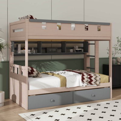 Castle-Themed Bunk Bed Featuring Two Drawers, One Shelf, And Embedded LED Lighting
