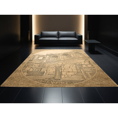 Tapis moelleux moelleux et moelleux à motif de citadins rétro de style rétro en beige Rodolfo