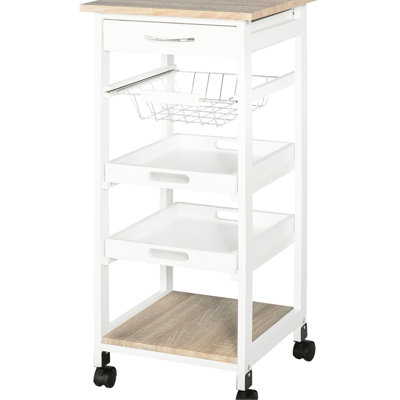 White Kitchen Storage Cart - With Solid Wood Frame For Fruits And Utensils Rolling Utility Drawer Vegetables