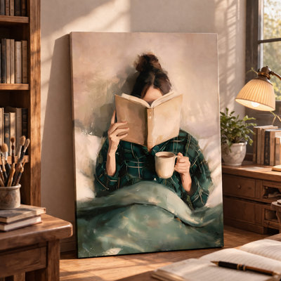 Impressionist Coffee and Books Canvas Art - 24" x 36" Cozy Reading Time Painting for Home Library or Cafe Decor