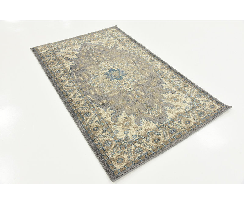 Tapis gris / ivoire / bleu Gwendolyn, Rectangle 3 pi 3 po x 5 pi 3 po à 2 po