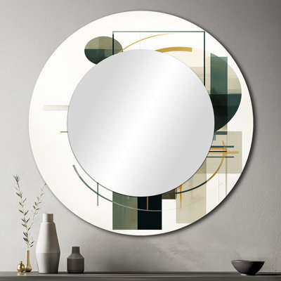 Emerald Gold Retro Geometrics – Modern Round Decorative Wall Mirror, Metal Print
