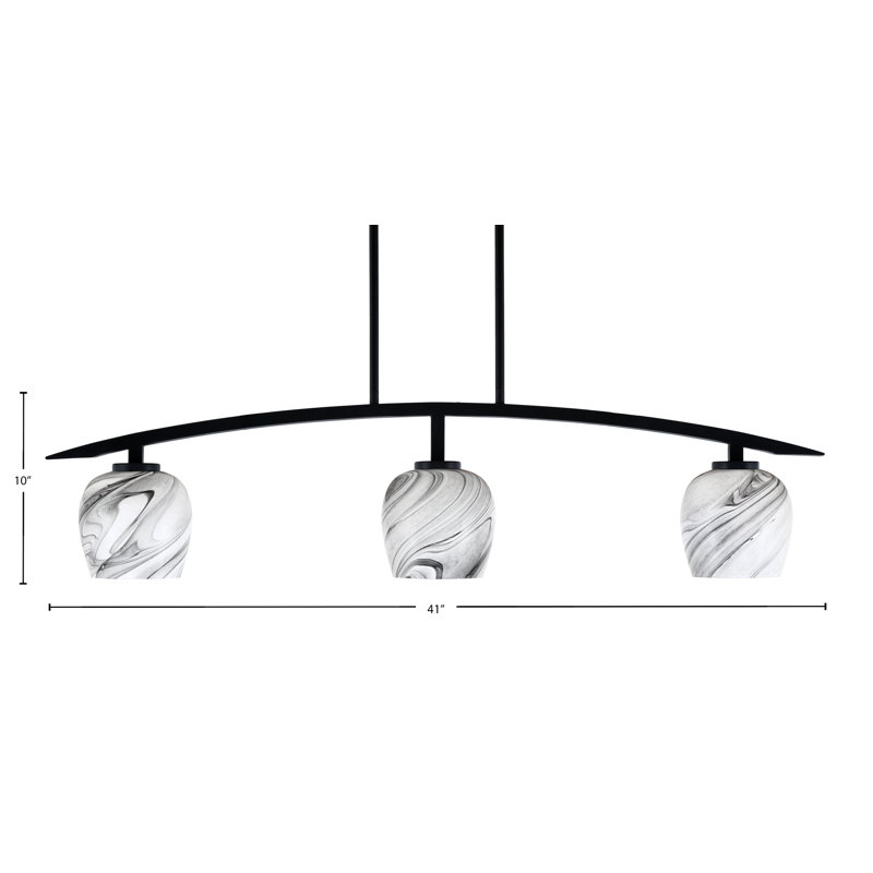 Luminaire pour îlot de cuisine 3 lumières kurve au fini noir mat avec verre tourbillon onyx de 6 po