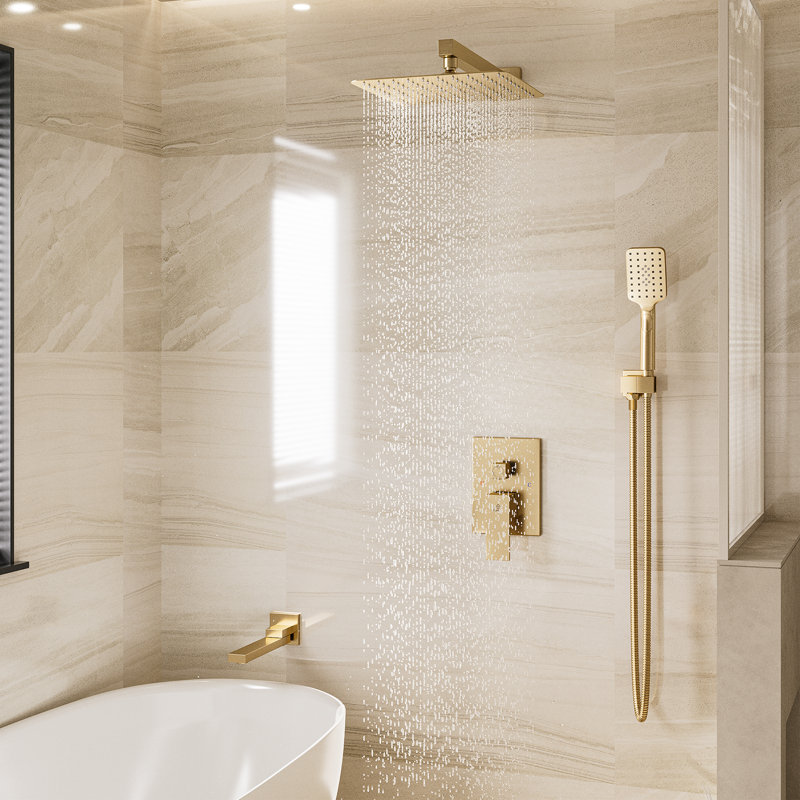 Système de douche mural complet à 3 fonctions avec douchette à 3 réglages et douchette de baignoire, Or brossé