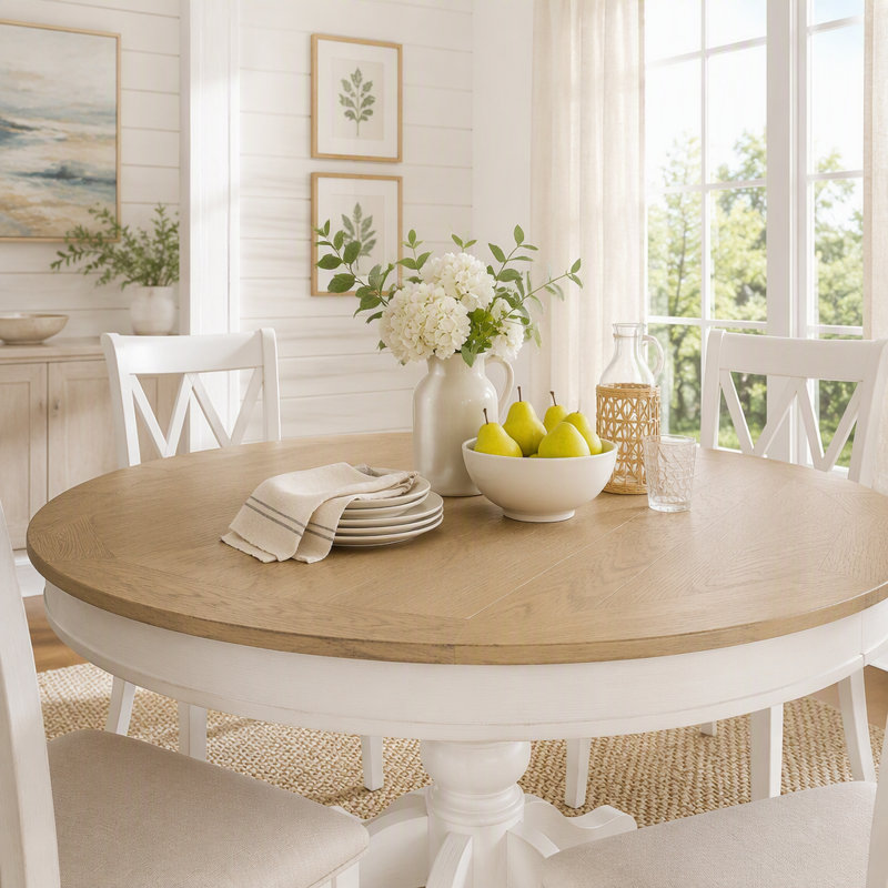 Table de salle à manger rétro avec rallonge papillon et base en forme de X, Blanc cassé