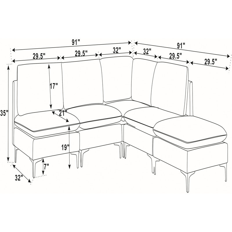 Canapé modulaire en lin rembourré avec pieds en métal, Lin bleu foncé, H 35 po x l 91 po x P 91 po, Orienté vers la gauche