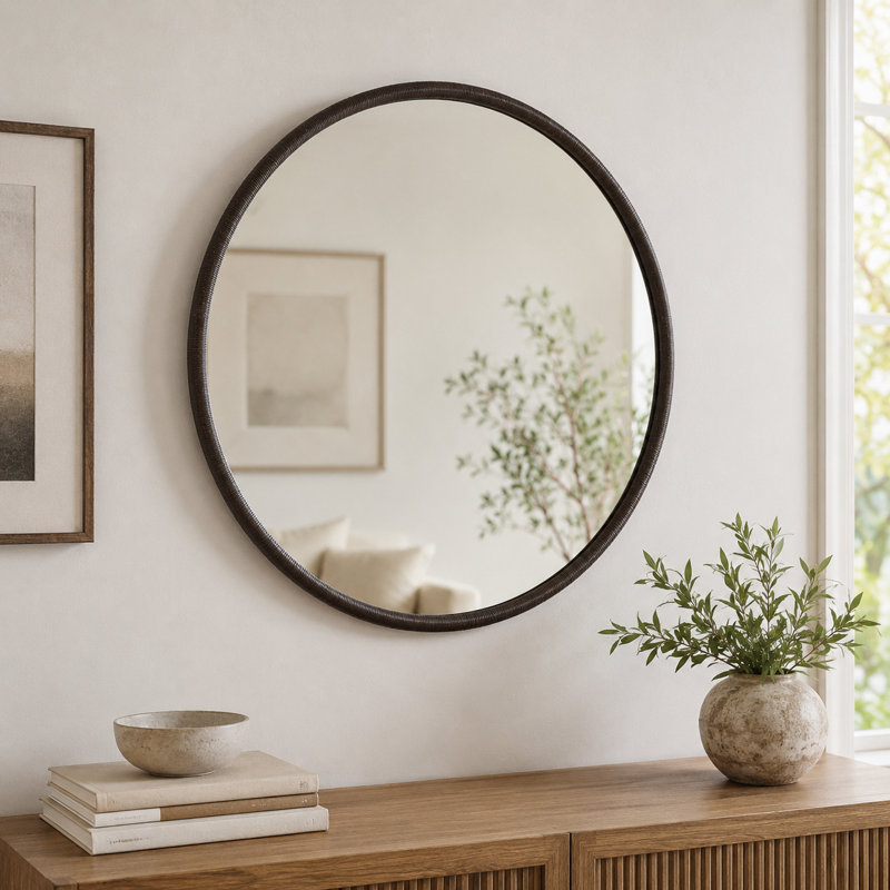 36" Brown Round Wall Mirror with Textured Iron Frame