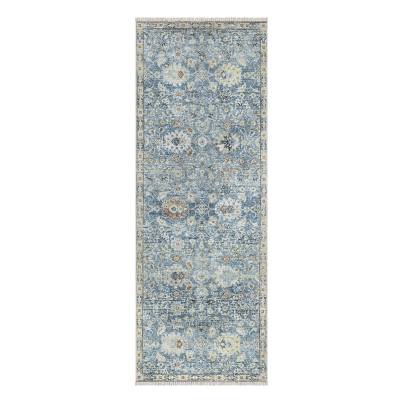 Washable Non-Slip Area Rug - Blue / Beige Traditional Oriental Runner for Entryway, Hallway, Bathroom, and Kitchen