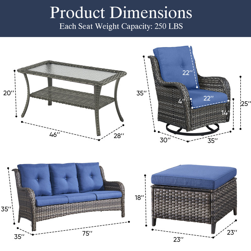 Deeominia 6-Piece All-Weather Wicker Rattan Patio Conversation Set With Swivel Gliders And Ottomans, Gray, Blue