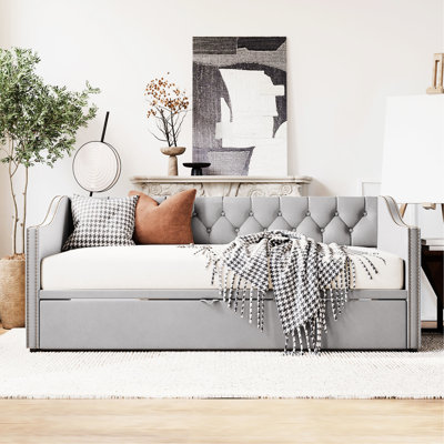 Twin Daybed With Gray Upholstery And Convenient Pop Up Trundle - No Box Spring Needed In Graceful