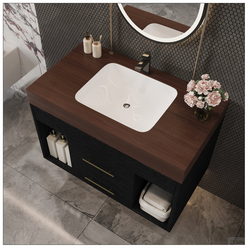 Ensemble de meuble-lavabo mural flottant 29,9 po, Black,Walnut
