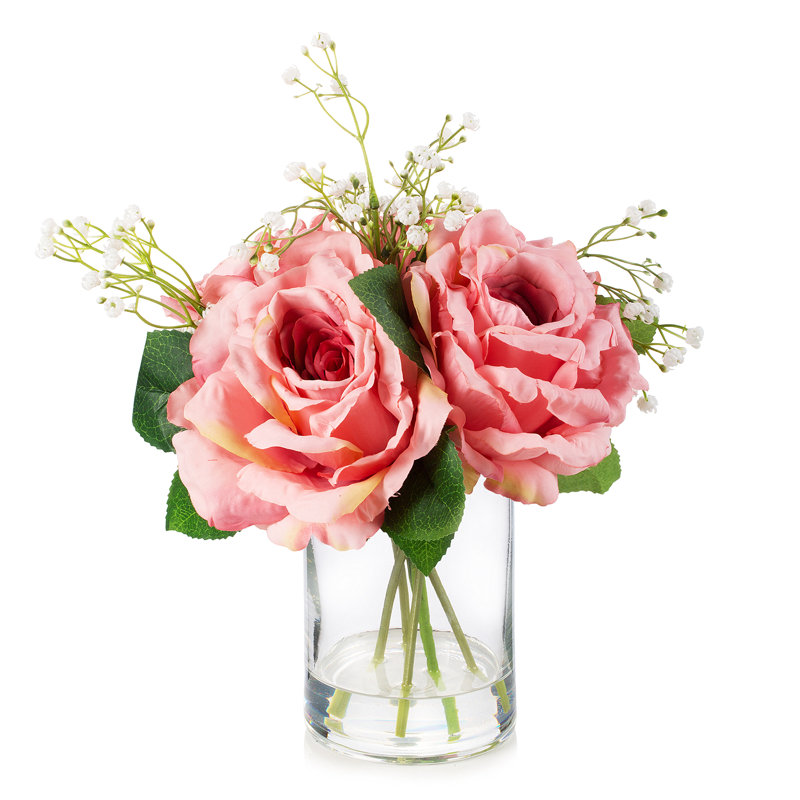 Roses en soie dans un vase, Fuchsia / vert