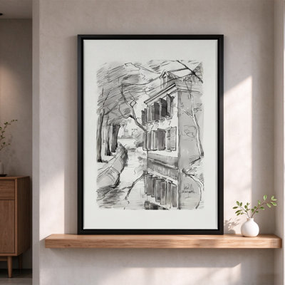 Maison au bord du canal avec arbres dénudés, tableau sur toile encadré, cadre noir, 50 x 75 cm