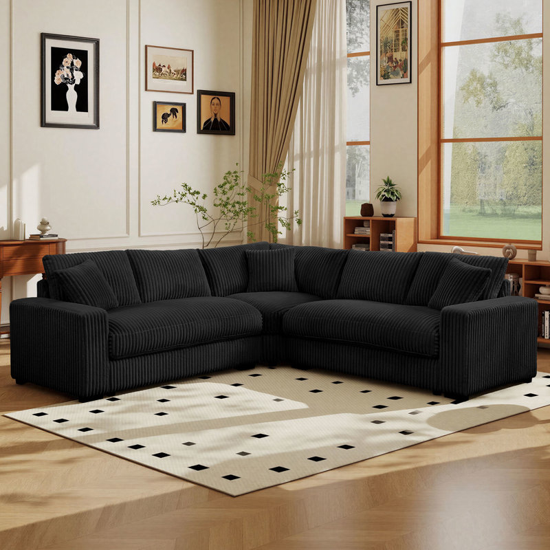 Clitheroe 98.7" Wide L-Shaped Corner Corduroy Modular Sectional Sofa With Multifunctional Ottoman, Black Corduroy