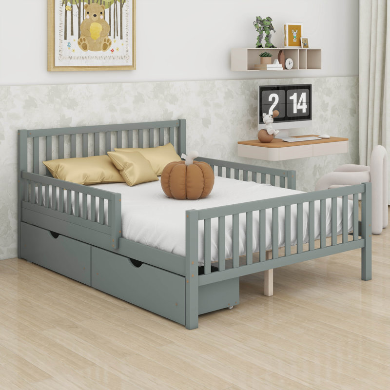 Storage Bed Frame For Kids, Wood Bed With 2 Drawers,Platform Bed With Guardrails On Both Sides For Kids, Girls, Boys, Full