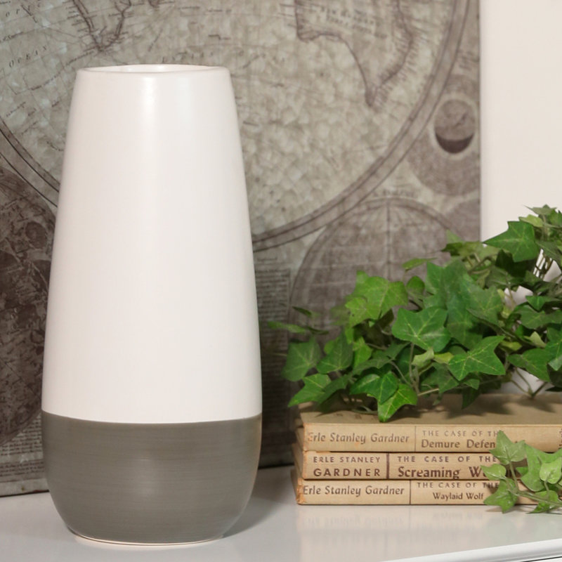 Stoneware Cylinder Vase with Tapered Bottom on Grey Banded Rim Base LG Matte Finish White, 12.5" H x 5.75" W x 5.75" D