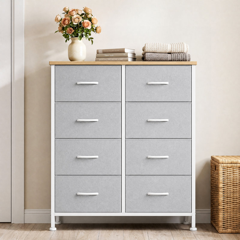 Commode de chambre à coucher avec commode haute 8 tiroirs, Gris clair