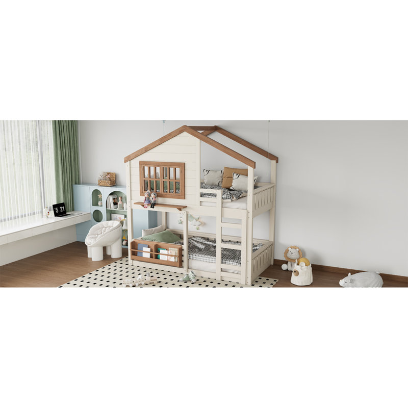 Twin Size Bunk Bed/Loft Bed With Bookshelf, House Design, High-Quality Safety Fencing,Beige & Natural
