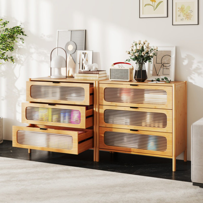 Commode 3 tiroirs Mid-Century moderne avec façade en verre trempé Reeded
