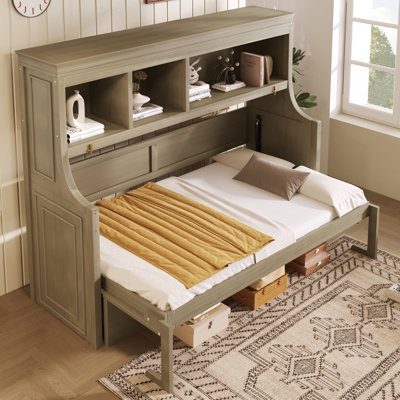  Twin Murphy Bed with Fold-Down Desk and Storage Shelves, Gray Wash Finish
