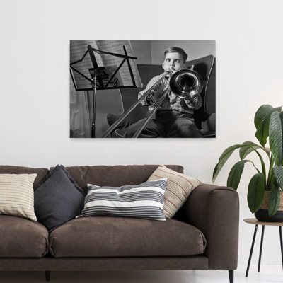 1950s, amusant, croisé, garçon, jouer, diapositive, trombone, rétro, rétro, art mural classique