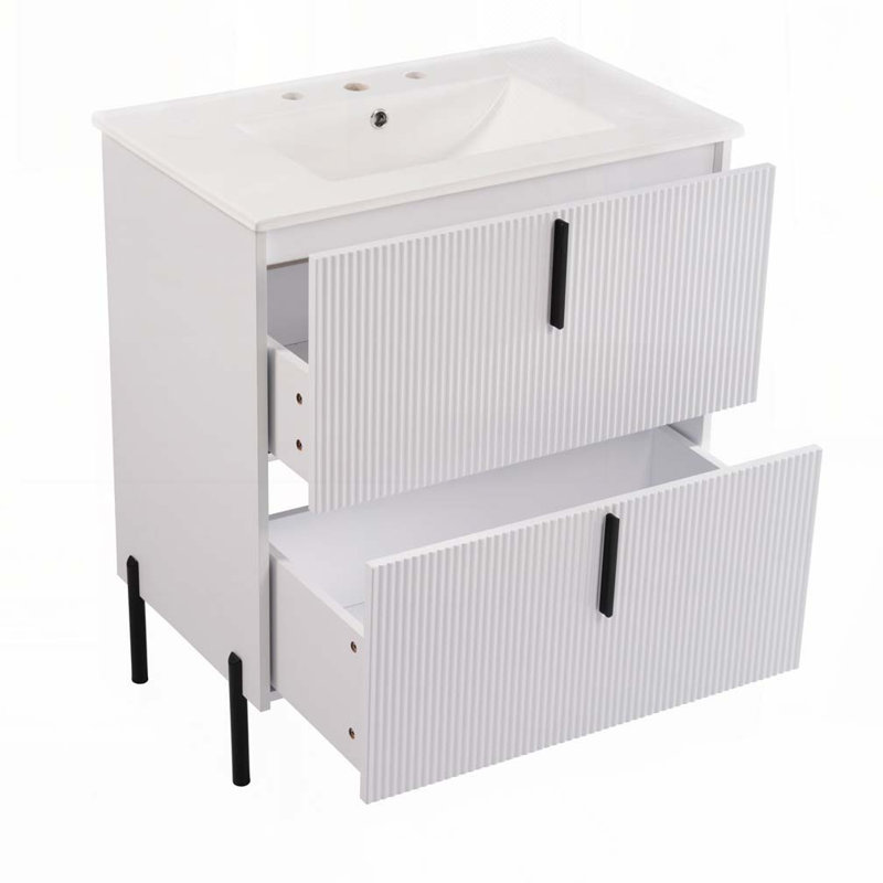Meuble-lavabo de salle de bain avec lavabo en céramique et tiroirs pleine extension, Blanc
