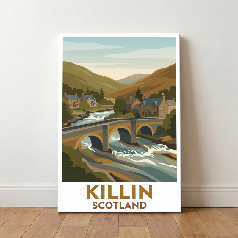Killin, Scotland - Highland Romance Travel Poster: Stone Bridge Over The Falls Of Dochart. Giclee Print On Wrapped Canvas. Wall Art, Home Decor - Cities & Towns, Scotland - Wrapped Canvas Print