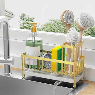 304 Sponge Holder for Kitchen Sink - Kitchen Sink Caddy with High Brush Holder & Soap Dispenser