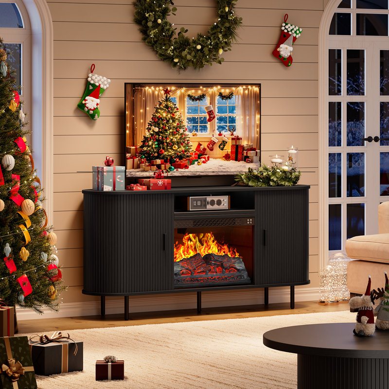Modern Fireplace Tv Stand For Tvs Up To 80'', Fluted Entertainment Center With Electric Fireplace, Media Console Cabinet For Living Room