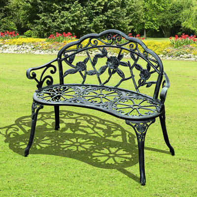 Banc en métal pour l'extérieur, fonte d'aluminium avec ornement floral rose et sensation antique, banc à deux meubles de patio, touche embellissante,