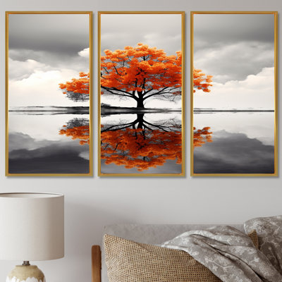 «Orange Autumn Tree Alone In The Lake» - ensemble de décoration murale arbre