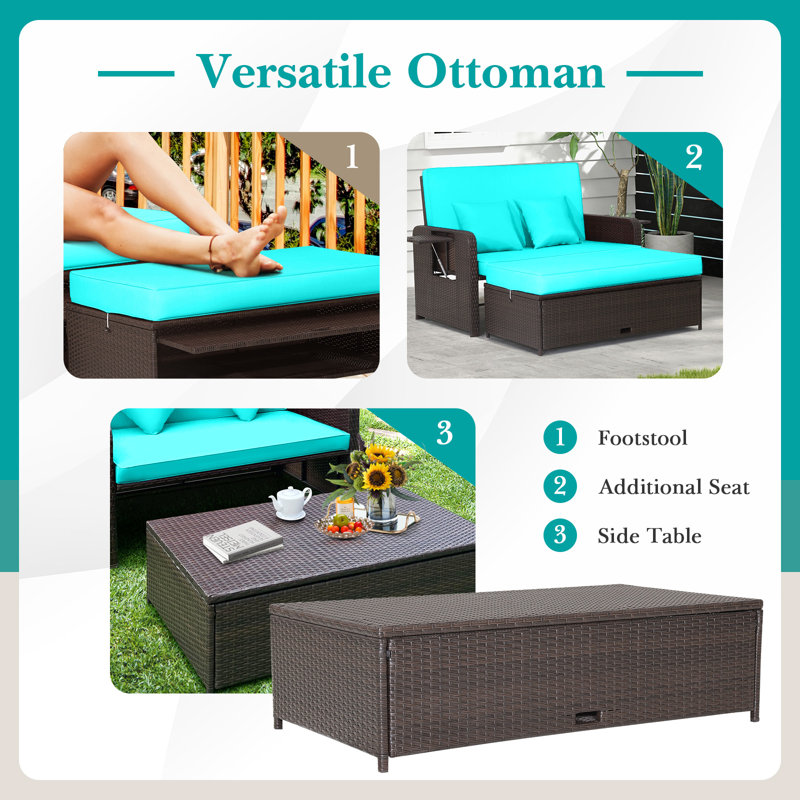 Boden 65" W Wicker Patio Daybed with Ottoman and Side Trays, Teal/Brown