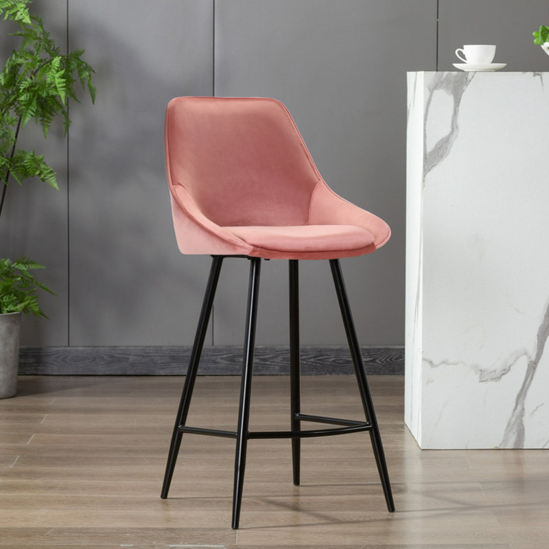 Tabouret de bar Weidner, Velours rose, Tabouret de comptoir = siège d'une hauteur de 26,